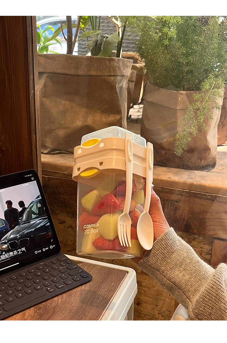 White Portable Salad & Breakfast Cup On-the-Go - Dual Compartment Container with Spork