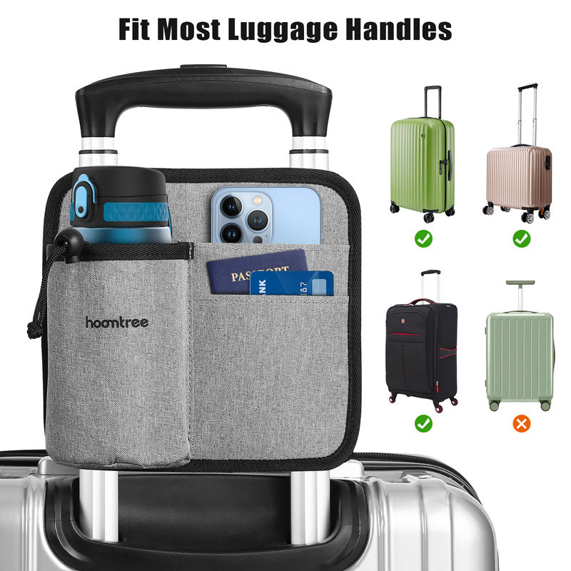 2 Pcs Grey Hands-Free Luggage Handle Travel Cup Holder & Organizer Pouch