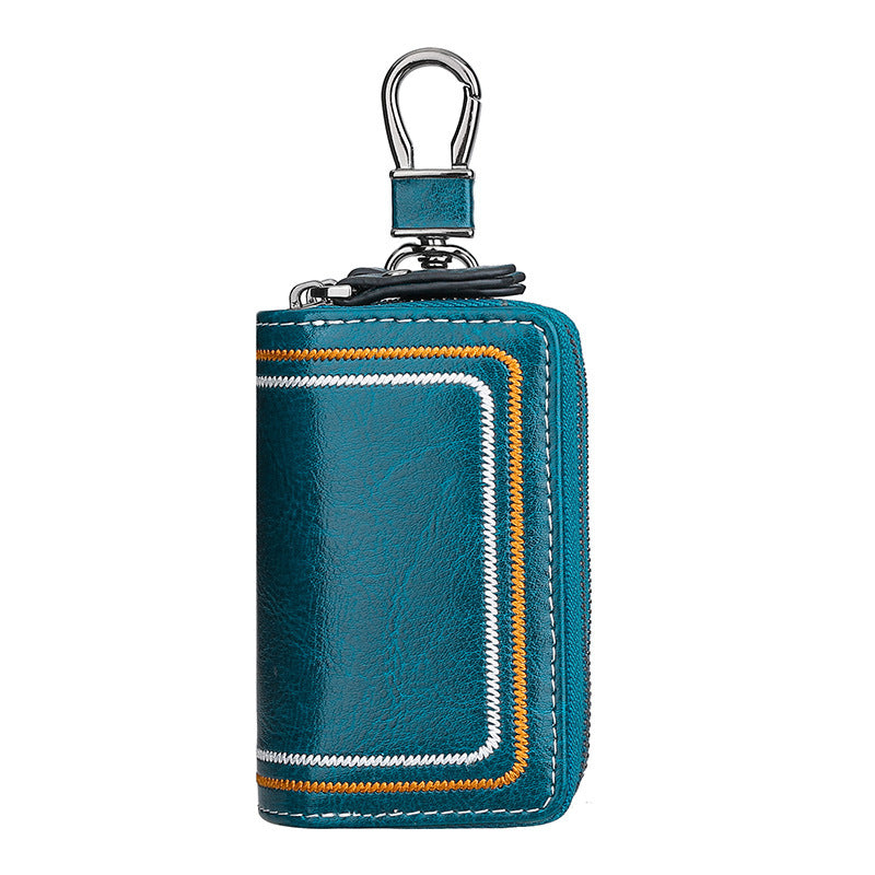 Blue Premium Genuine Leather Double Zipper Key Case - Car & House Key Organizer Pouch