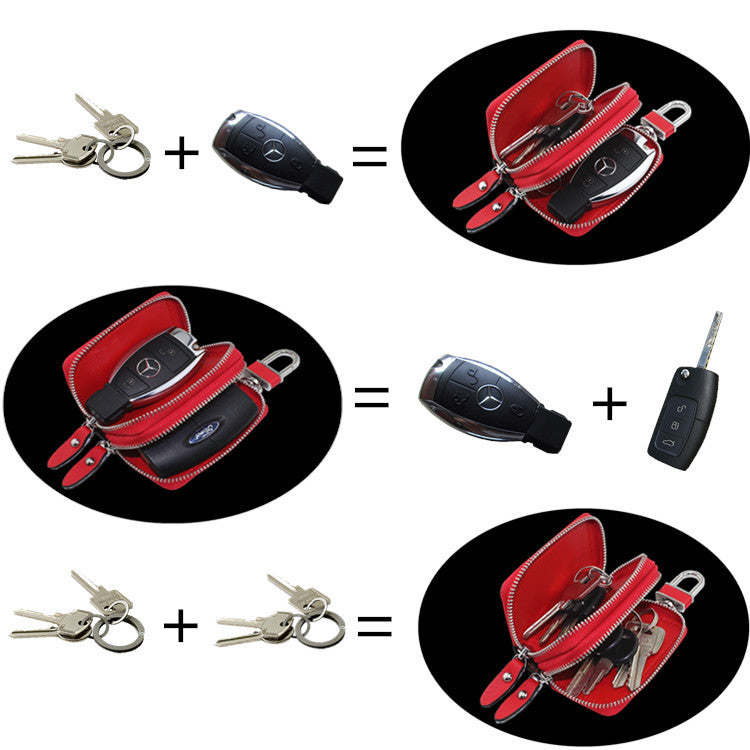 White Compact Crossgrain Leather Double Zipper Key Case - Stylish Car & Home Key Organizer