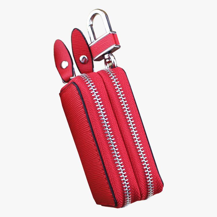 Red Compact Crossgrain Leather Double Zipper Key Case - Stylish Car & Home Key Organizer