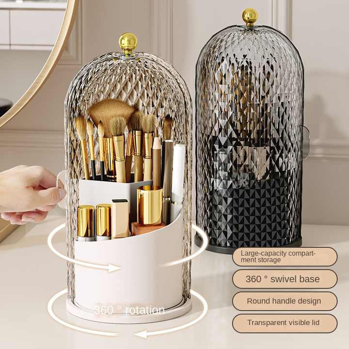 White Elegant 360 Rotating Makeup Brush Holder & Cosmetic Organizer with Dustproof Dome Lid(Makeup is a prop for shooting and is not included)