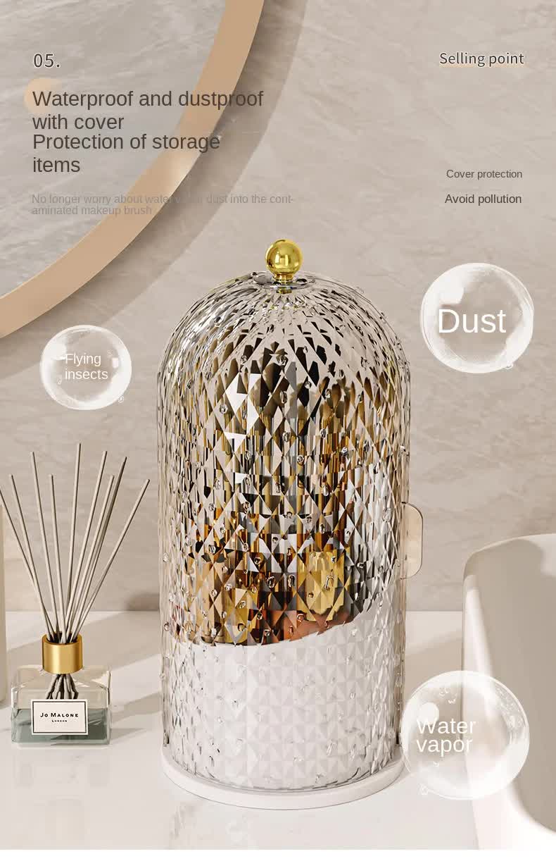 White Elegant 360 Rotating Makeup Brush Holder & Cosmetic Organizer with Dustproof Dome Lid(Makeup is a prop for shooting and is not included)