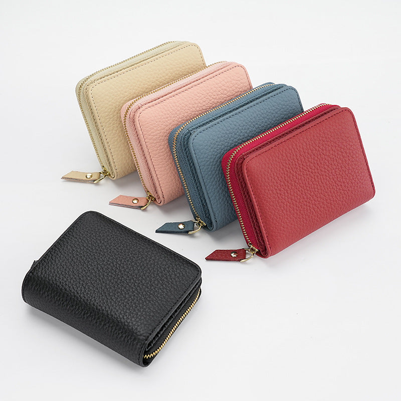 Red Compact RFID Genuine Leather Wallet for Women - Secure Zipper Card Holder & Coin Purse