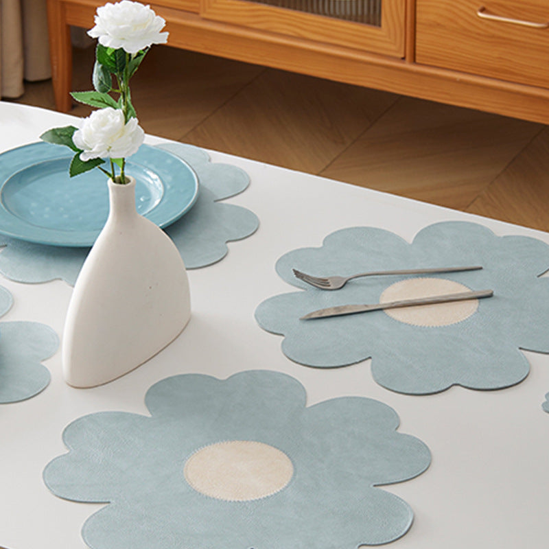 Blue Background With White Heart + Blue Background Set of 6 Reversible Flower Shaped Placemats - Waterproof PU Leather Dining Table Mats