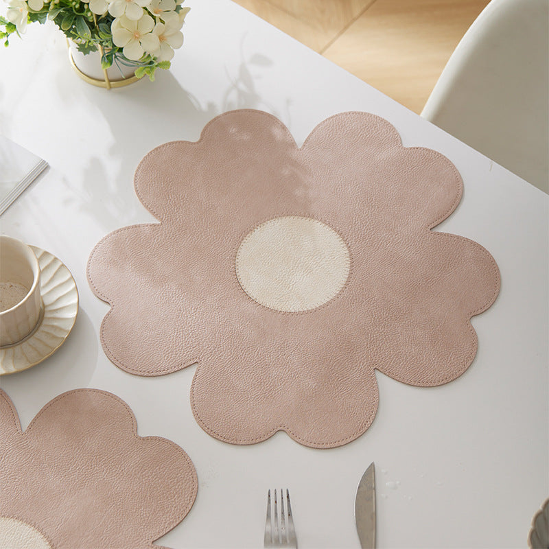 White Background With Blue Heart + Yellow Heart Set of 6 Reversible Flower Shaped Placemats - Waterproof PU Leather Dining Table Mats