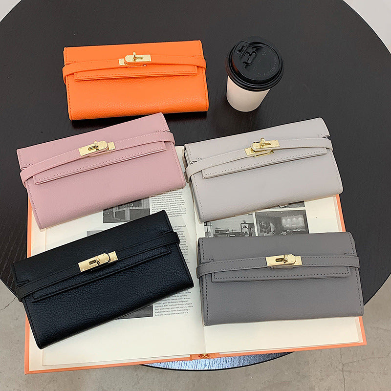 Grey Elegant Women's Turn Lock Long Wallet - Black PU Leather Clutch Purse with Card Slots & Zipper Pocket