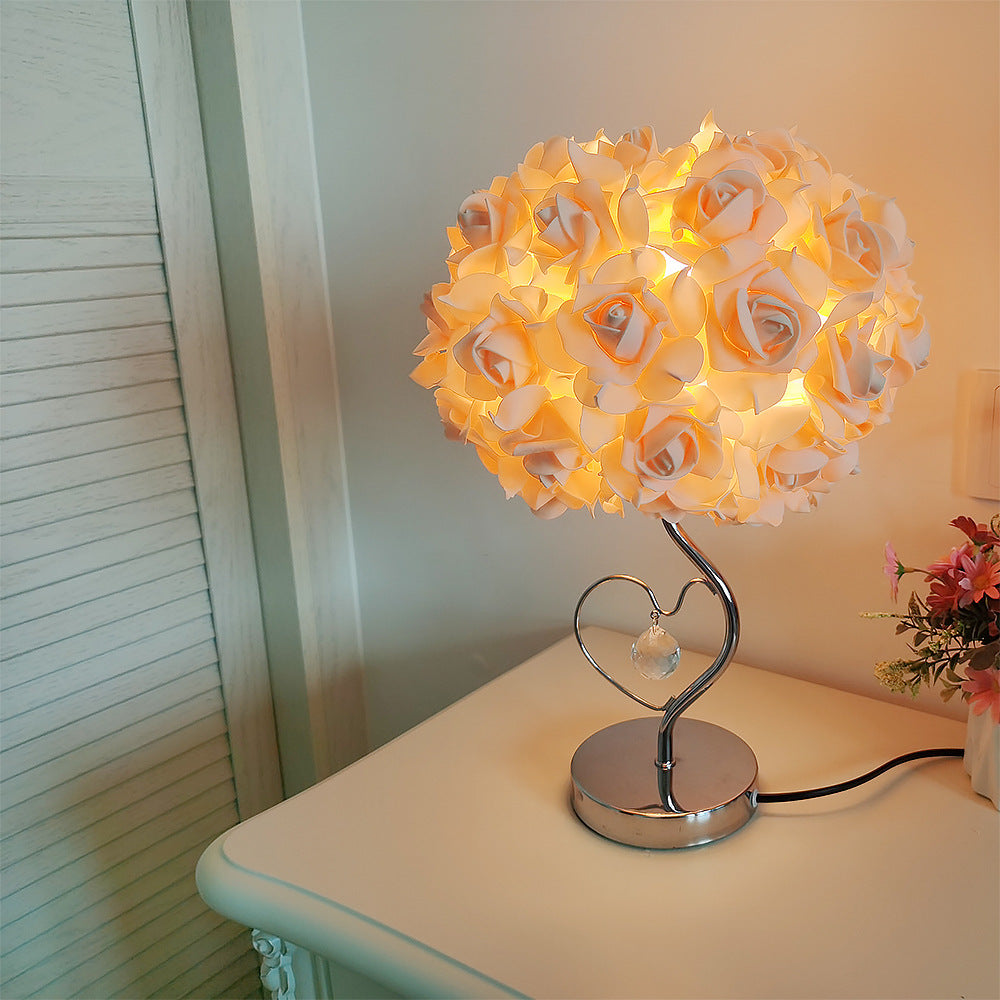 Pink Roses And Silver Base Romantic Red Rose Flower Table Lamp - Crystal Heart Accent Bedside Night Light