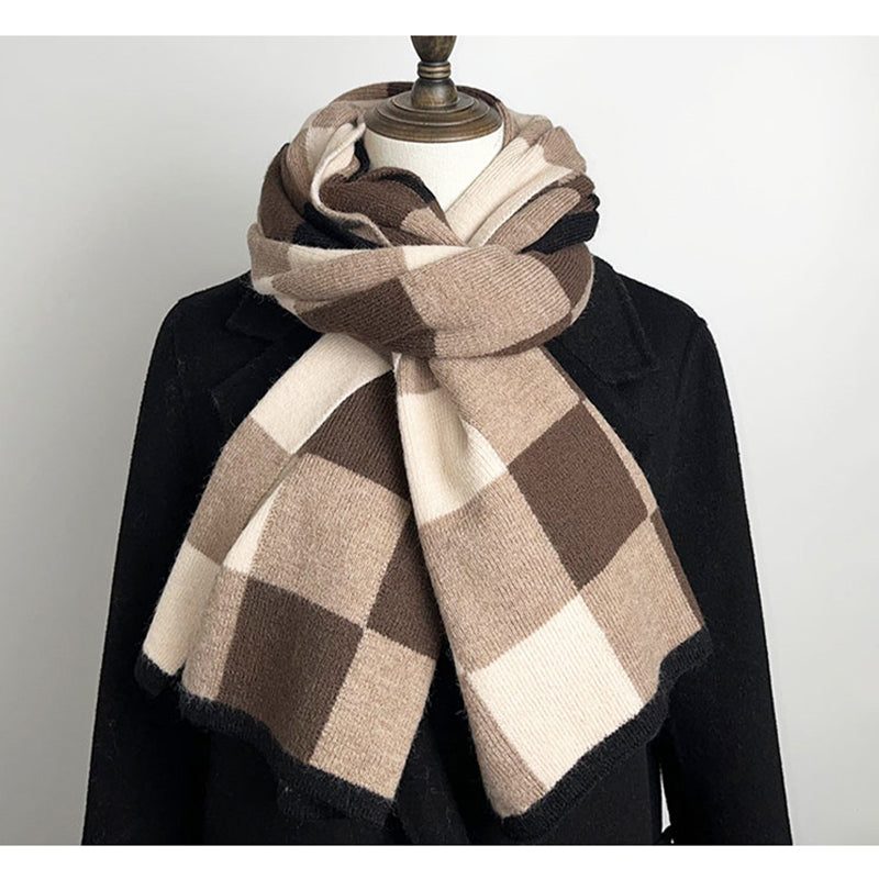 Brown,Khaki And Green Unisex Retro Checkered Knit Scarf - Soft Thick Winter Shawl Wrap