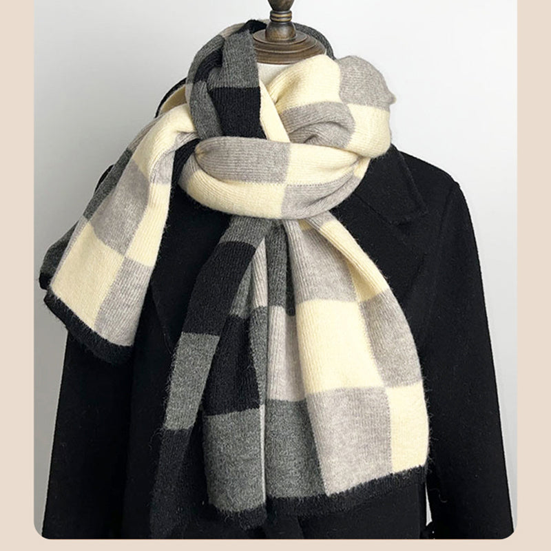 Coffee,Brown And Beige Unisex Retro Checkered Knit Scarf - Soft Thick Winter Shawl Wrap