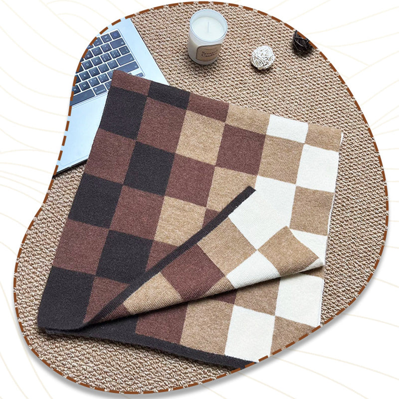 Coffee,Brown And Beige Unisex Retro Checkered Knit Scarf - Soft Thick Winter Shawl Wrap