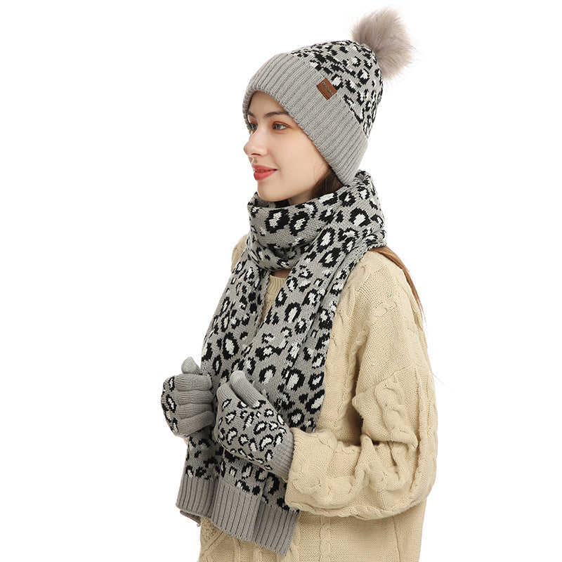 Light Grey Women's 3-Piece Winter Knit Set - Leopard Print Plush Lined Beanie Hat, Scarf & Touchscreen Gloves