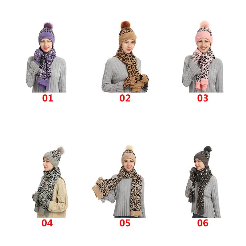 Light Grey Women's 3-Piece Winter Knit Set - Leopard Print Plush Lined Beanie Hat, Scarf & Touchscreen Gloves