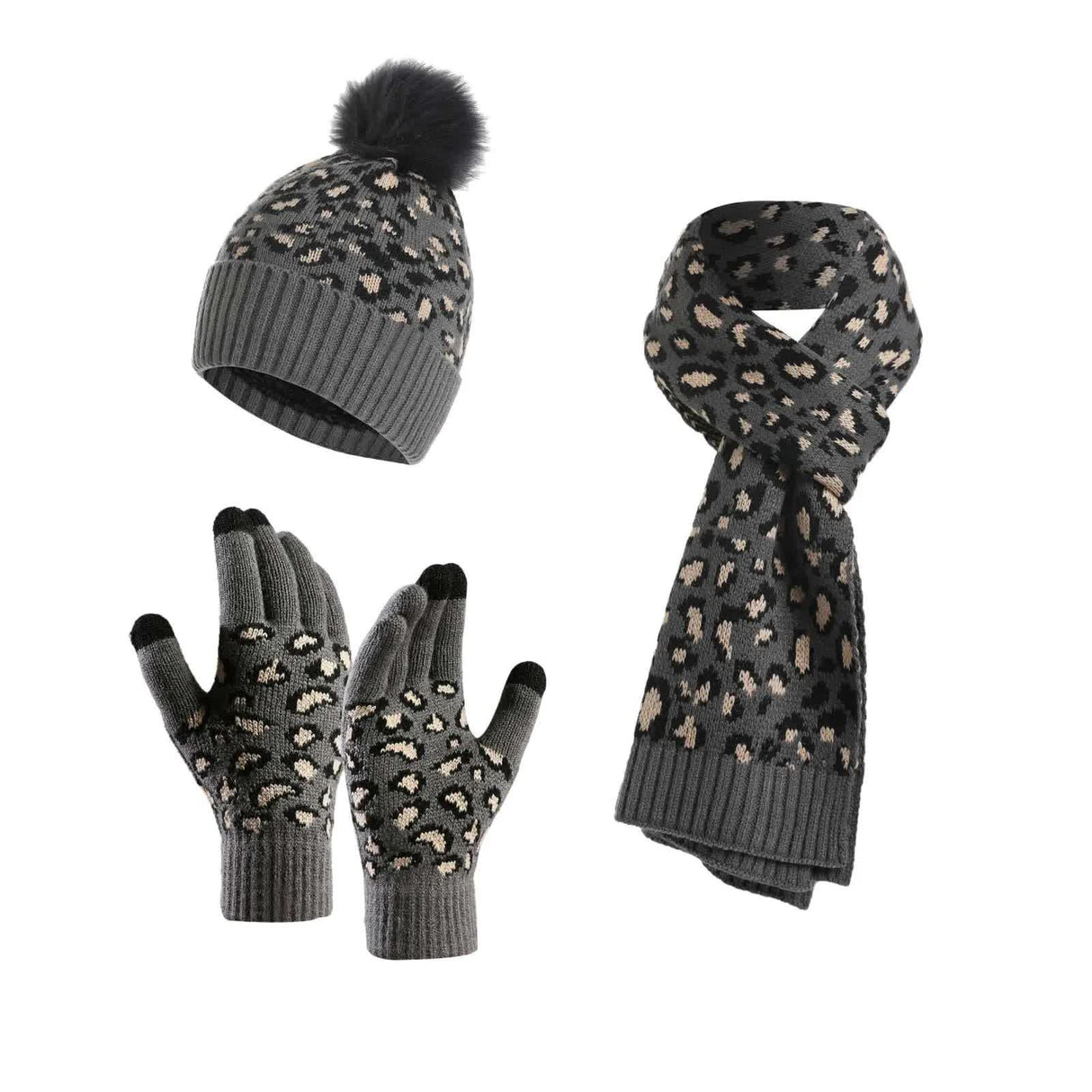 Dark Grey Women's 3-Piece Winter Knit Set - Leopard Print Plush Lined Beanie Hat, Scarf & Touchscreen Gloves