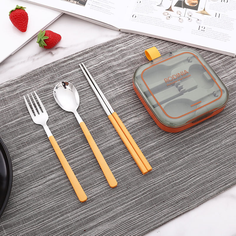 2 Sets Orange And Grey Portable Stainless Steel Cutlery Set - Reusable Utensils (2 Fork, 2 Spoon, 2 pairs of Chopsticks) with Compact Travel Case