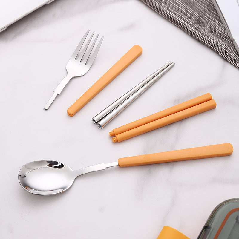 2 Sets Orange And Grey Portable Stainless Steel Cutlery Set - Reusable Utensils (2 Fork, 2 Spoon, 2 pairs of Chopsticks) with Compact Travel Case