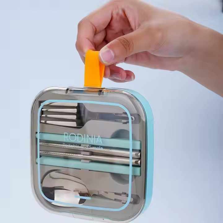 2 Sets Blue And Grey Portable Stainless Steel Cutlery Set - Reusable Utensils (2 Fork, 2 Spoon, 2 pairs of Chopsticks) with Compact Travel Case