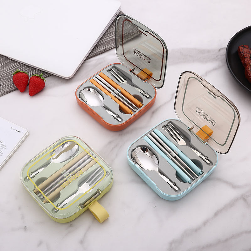 2 Sets Green Portable Stainless Steel Cutlery Set - Reusable Utensils (2 Fork, 2 Spoon, 2 pairs of Chopsticks) with Compact Travel Case