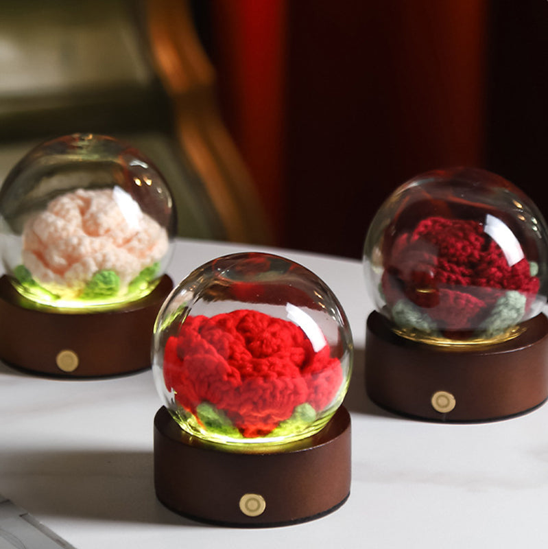 Yellow Rose Handcrafted Crochet Flower LED Night Light - USB Rechargeable Glass Dome Lamp with Wood Base, 3 Color Modes