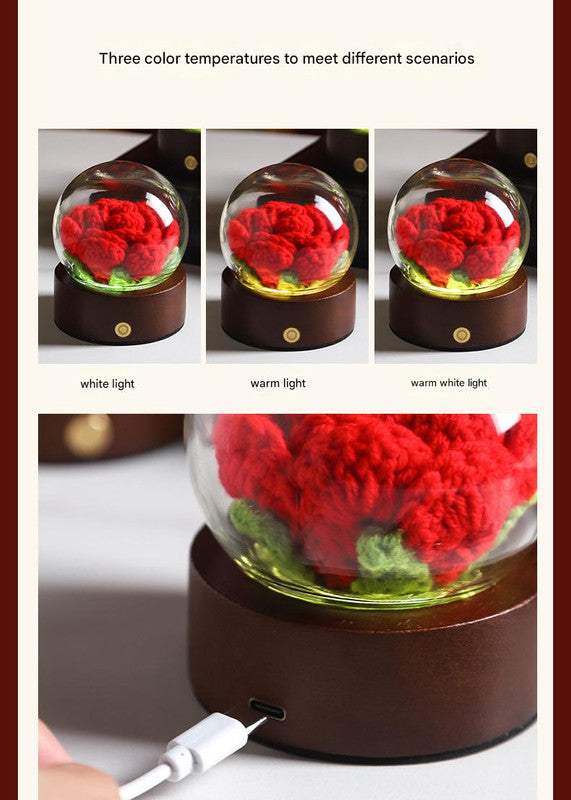 Pink Rose Handcrafted Crochet Flower LED Night Light - USB Rechargeable Glass Dome Lamp with Wood Base, 3 Color Modes