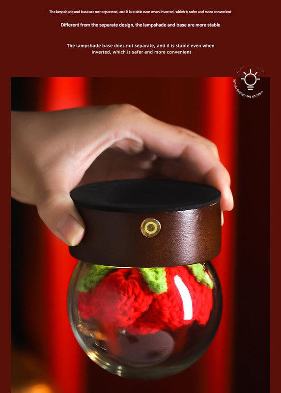 Blue Rose Handcrafted Crochet Flower LED Night Light - USB Rechargeable Glass Dome Lamp with Wood Base, 3 Color Modes