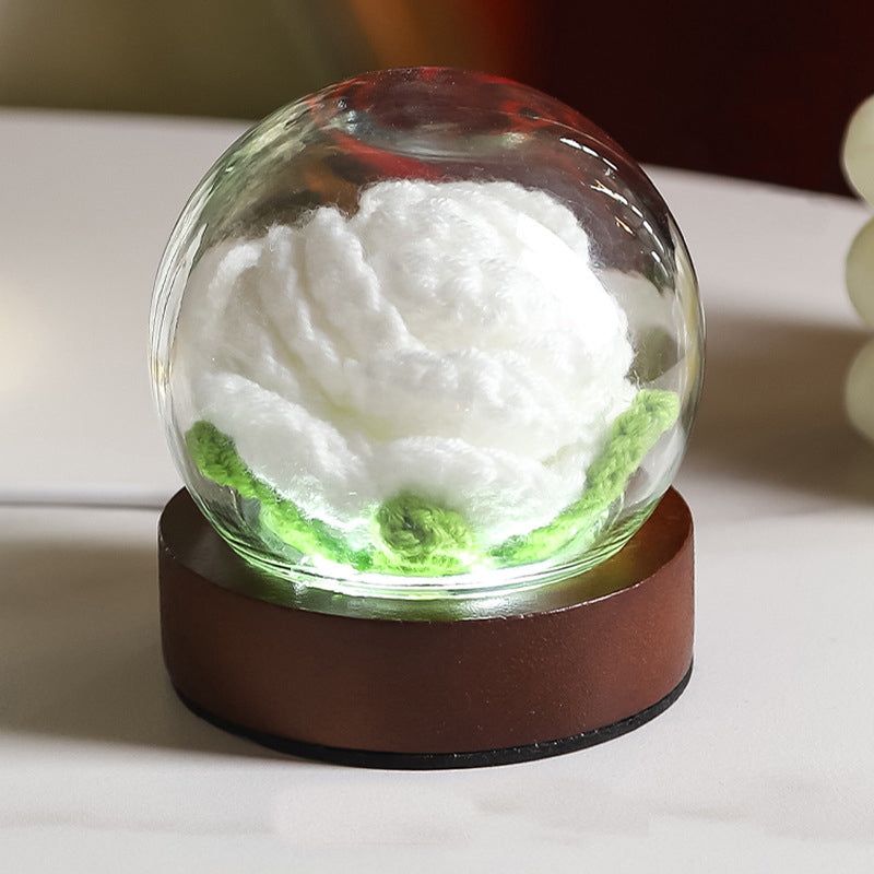 White Rose Handcrafted Crochet Flower LED Night Light - USB Rechargeable Glass Dome Lamp with Wood Base, 3 Color Modes