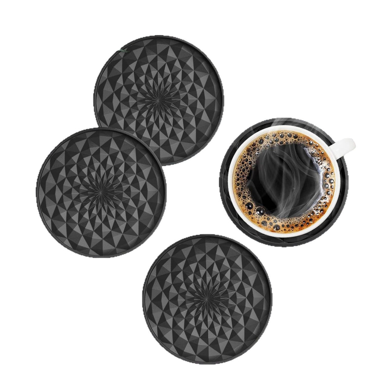 Green and Black Geometric Silicone Drink Coasters Set (6 Pack) with Holder - Non-Slip Table Protectors