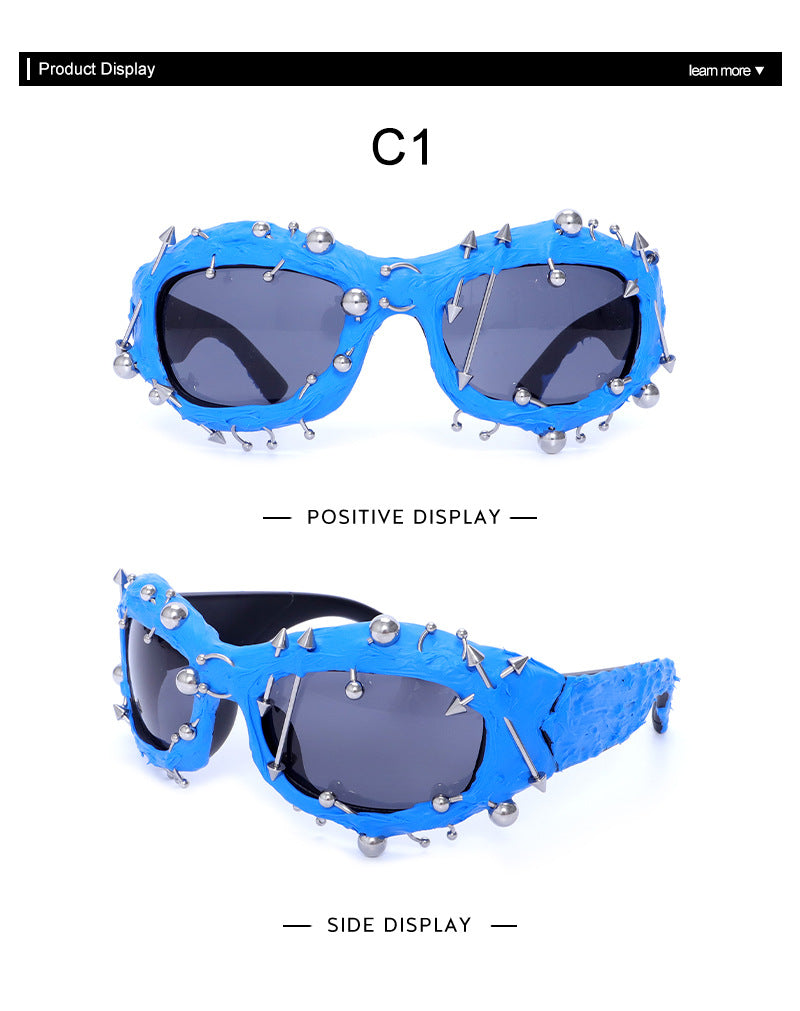 Blue Edgy Punk Rock Spiked Sunglasses - Statement Goth Studded Eyewear