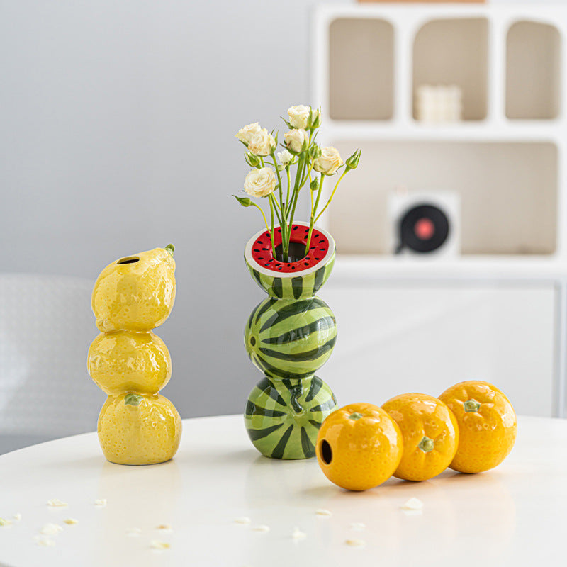 Green and Red Whimsical Stacked Watermelon Ceramic Vase - Novelty Tabletop Decor