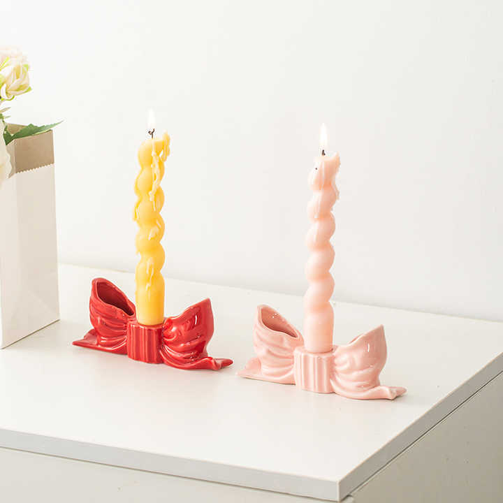 Pink Elegant Ceramic Bow Taper Candle Holder - Stylish Tabletop Decor Accent