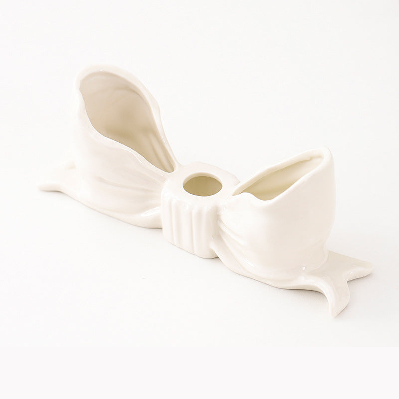 White Elegant Ceramic Bow Taper Candle Holder - Stylish Tabletop Decor Accent
