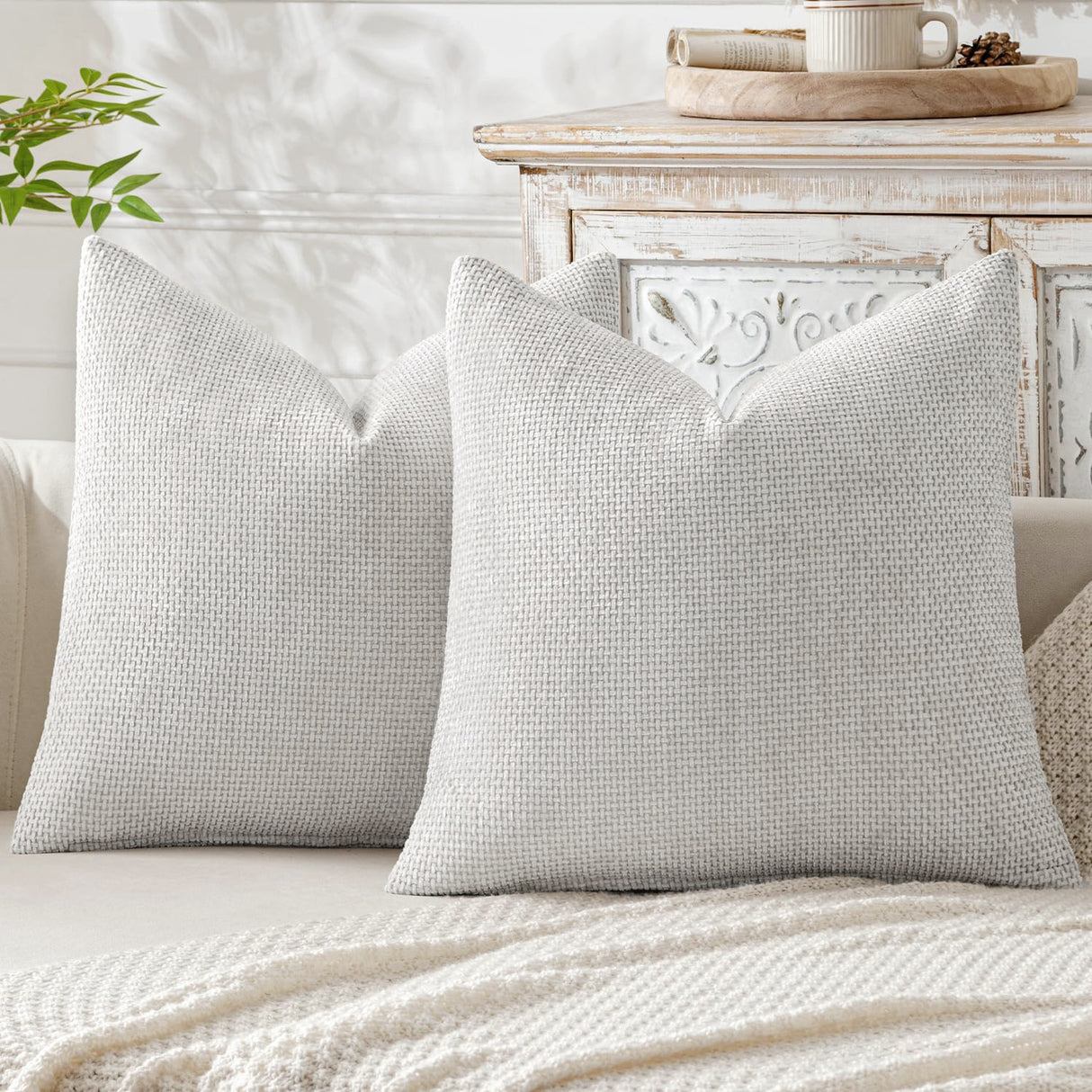 Light Grey Plush Chenille Cushion Covers Set of 2 - Soft Textured Decorative Throw Pillow Cases for Sofa Couch, 45x45cm