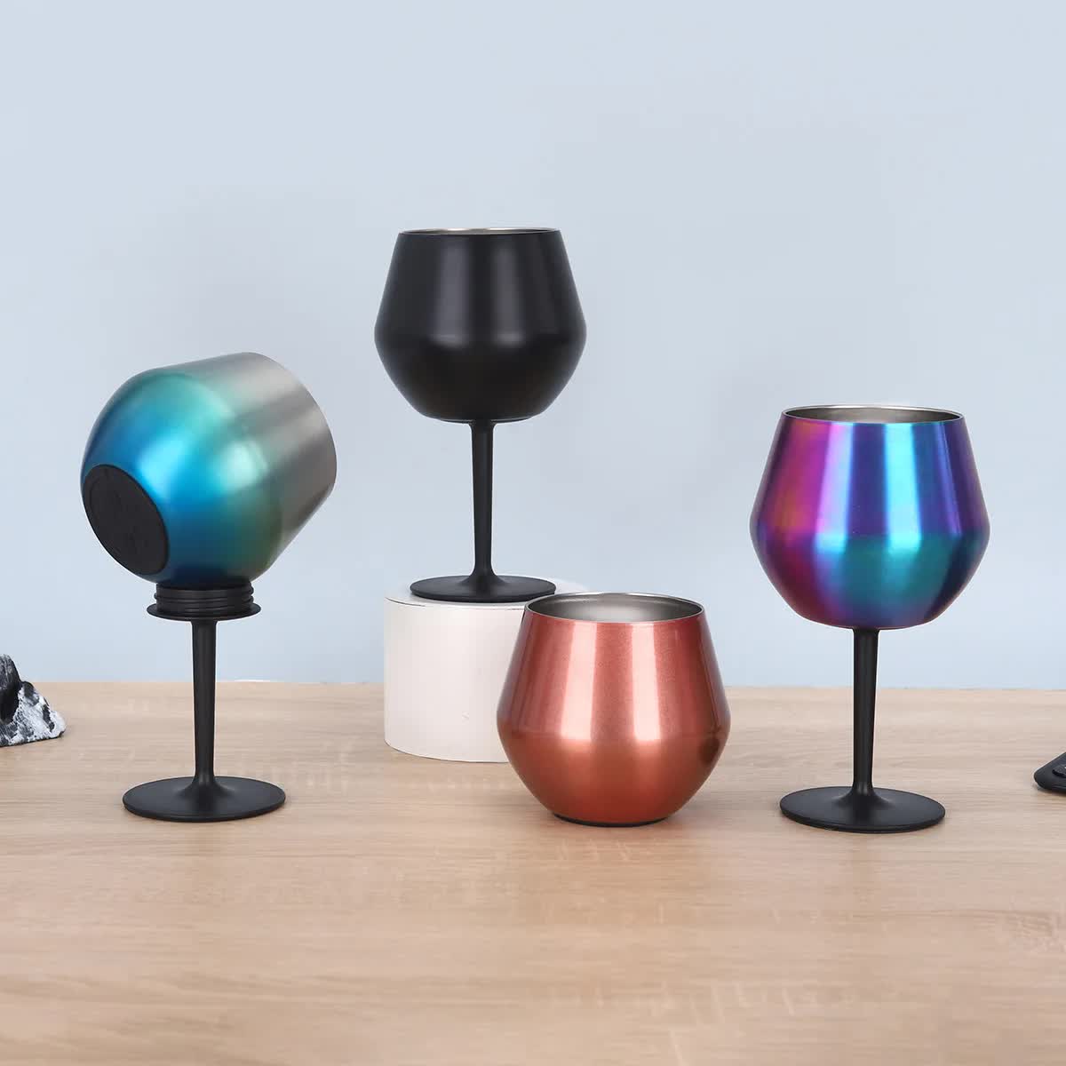 2 Pcs Purple Detachable Stainless Steel Wine Glass - 14oz (420ml) Portable Stemmed Goblet for Outdoors & Travel