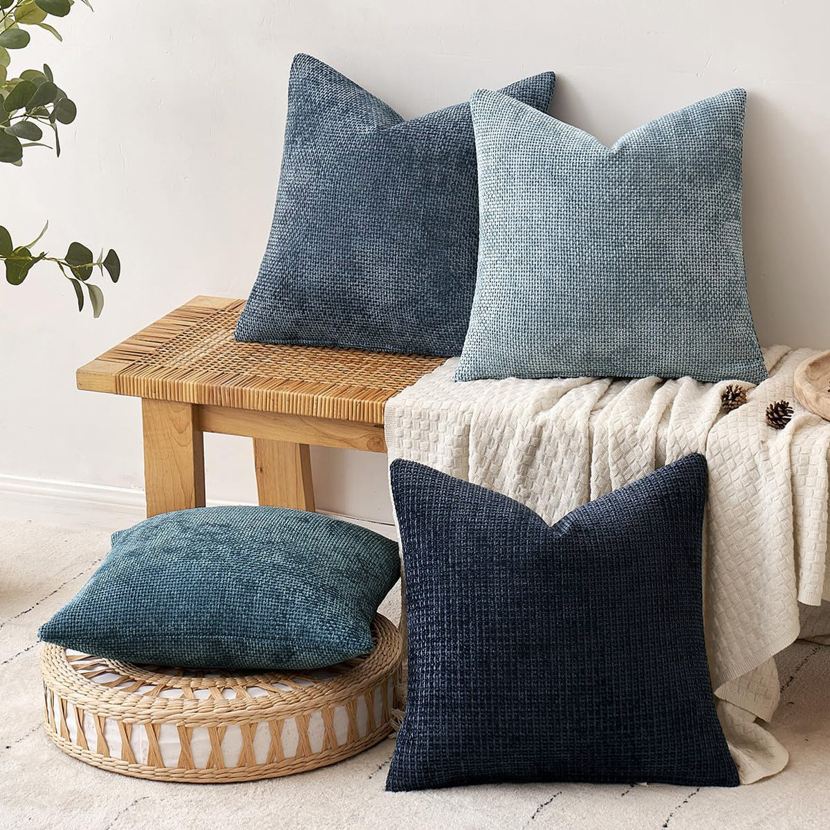 Dark Blue Plush Chenille Cushion Covers Set of 2 - Soft Textured Decorative Throw Pillow Cases for Sofa Couch, 45x45cm