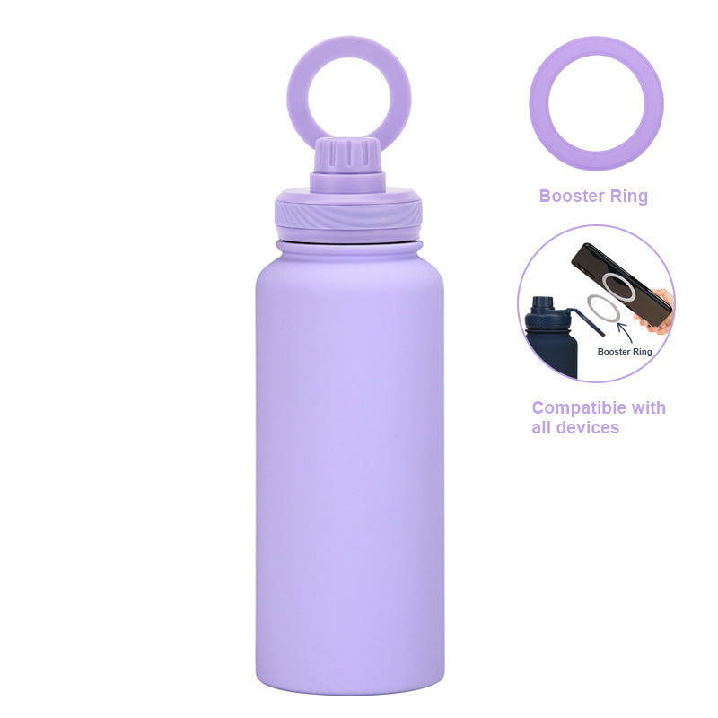 Purple 1L Stainless Steel Water Bottle with Magnetic Phone Holder Lid - Portable Hydration & Hands-Free Stand