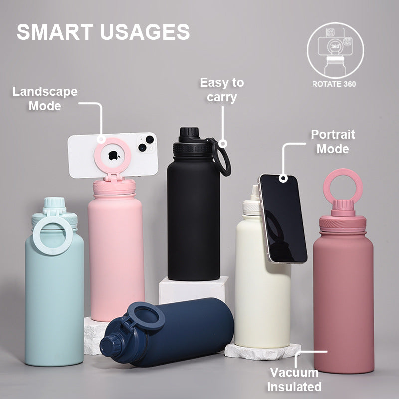 Silver and Black 1L Stainless Steel Water Bottle with Magnetic Phone Holder Lid - Portable Hydration & Hands-Free Stand