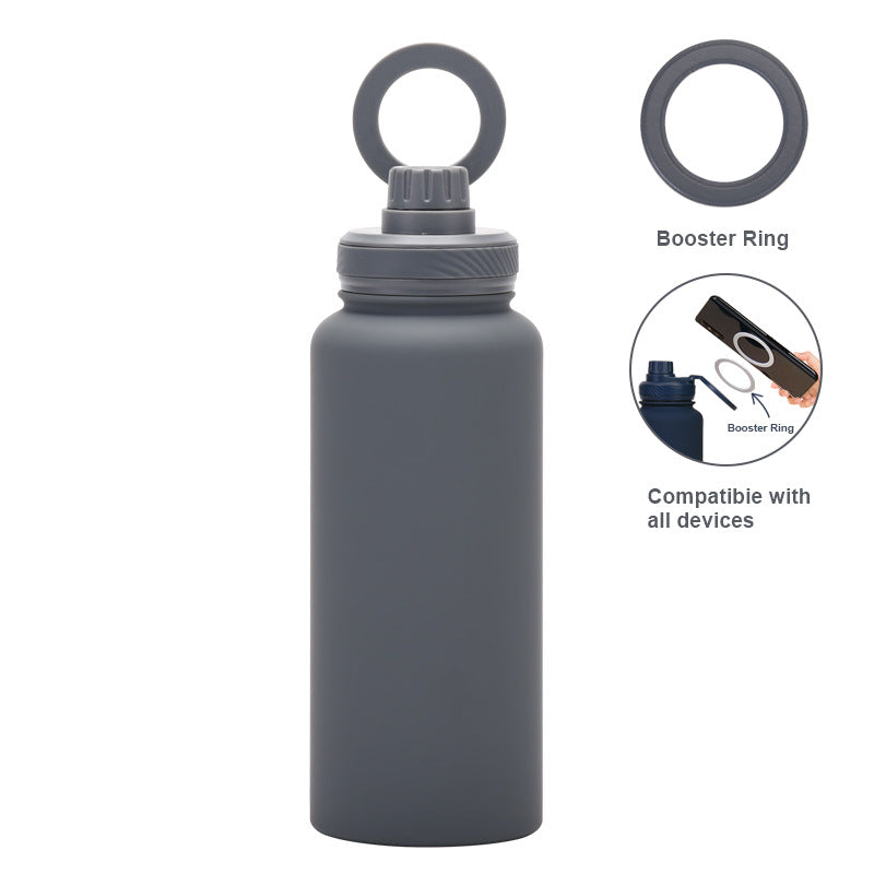 Grey 1L Stainless Steel Water Bottle with Magnetic Phone Holder Lid - Portable Hydration & Hands-Free Stand