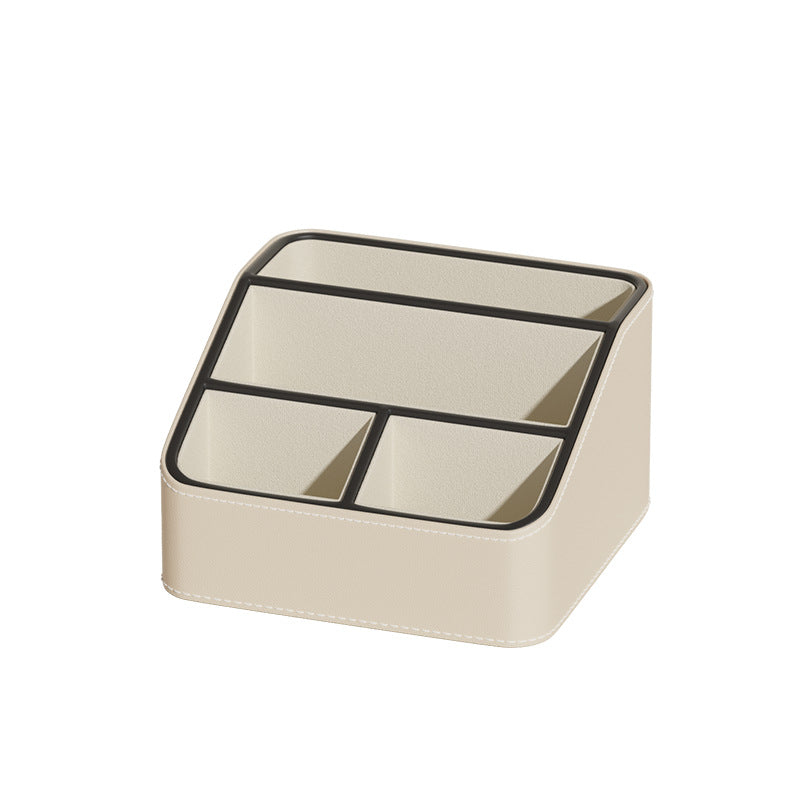 Beige and Black Stylish PU Leather Desktop Organizer Caddy - Multi-Compartment Holder for Remotes, Office Supplies, Makeup