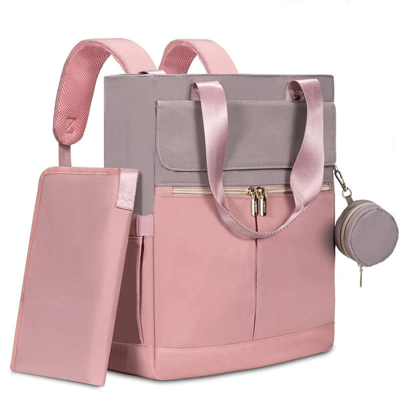 Pink and Grey Stylish Nappy Bag Backpack - Multi-Functional Diaper Bag with Insulated Pockets, Changing Pad & Pacifier Case