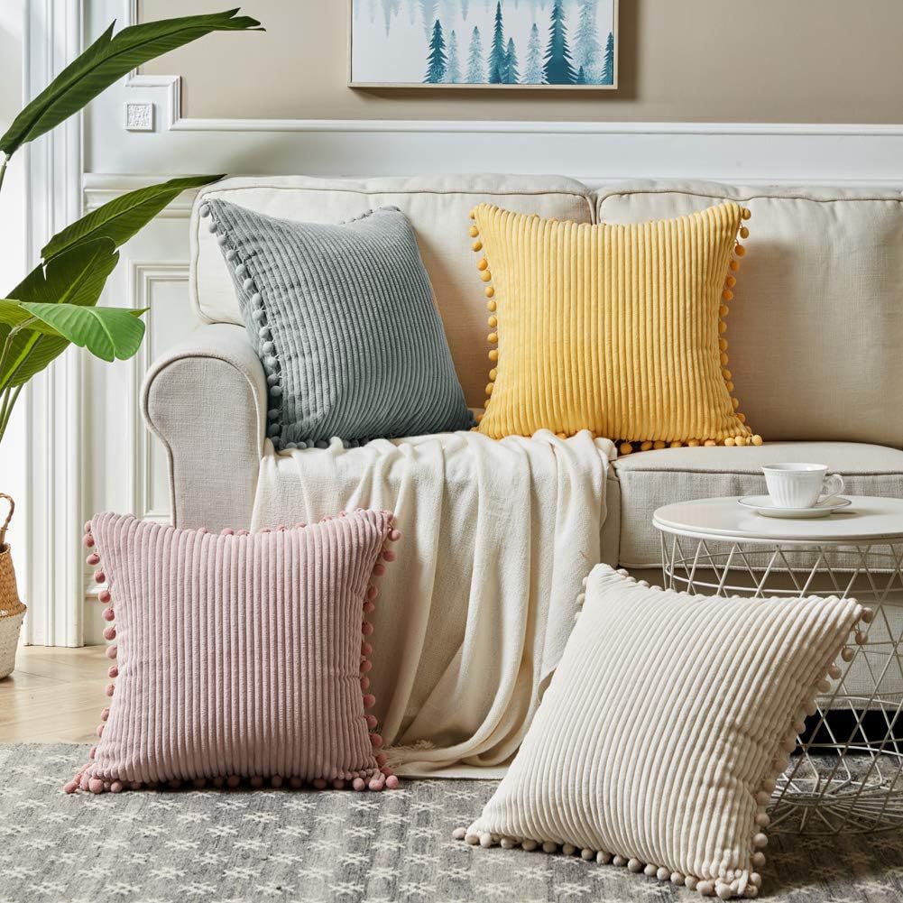 Yellow Soft Corduroy Cushion Covers with Pom Pom Trim - Set of 2 Decorative Throw Pillow Cases for Sofa Couch Bed, 45x45cm