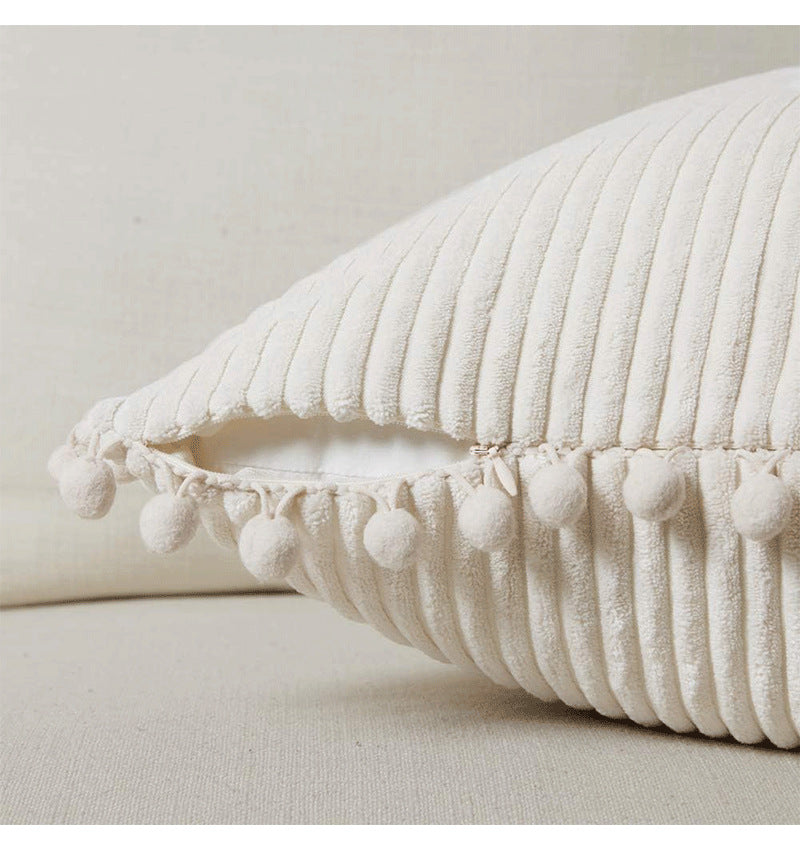 Navy Blue Soft Corduroy Cushion Covers with Pom Pom Trim - Set of 2 Decorative Throw Pillow Cases for Sofa Couch Bed, 45x45cm