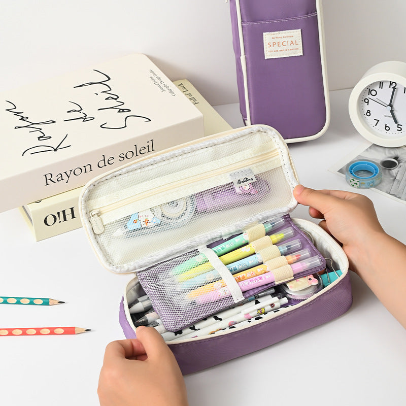 Dark Blue Large Capacity Expandable Pencil Case - Multi-Compartment Student Stationery Pouch (Only with pencil case)