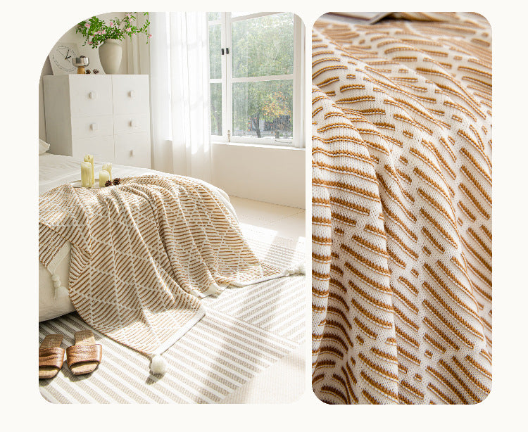 Yellow and Beige Diamond Pattern Soft Cozy Knit Throw Blanket with Tassels - Geometric Pattern Lightweight Acrylic Blanket for Sofa Couch Bed, 130x150cm