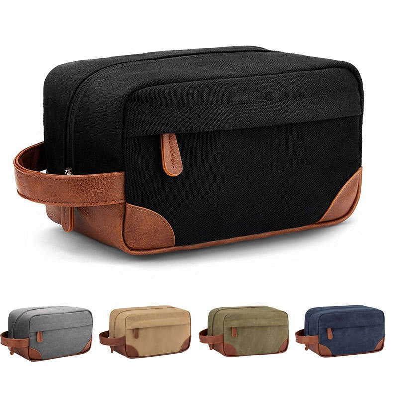 Dark Blue And Brown Men's Canvas Toiletry Bag - Large Capacity Water-Resistant Travel Organizer Dopp Kit with Handle