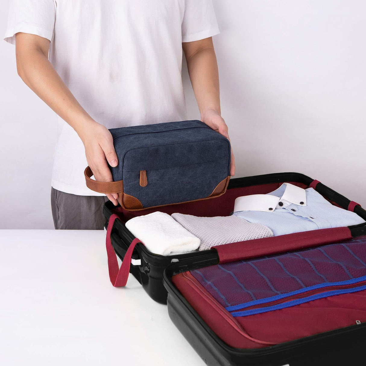 Dark Blue And Brown Men's Canvas Toiletry Bag - Large Capacity Water-Resistant Travel Organizer Dopp Kit with Handle