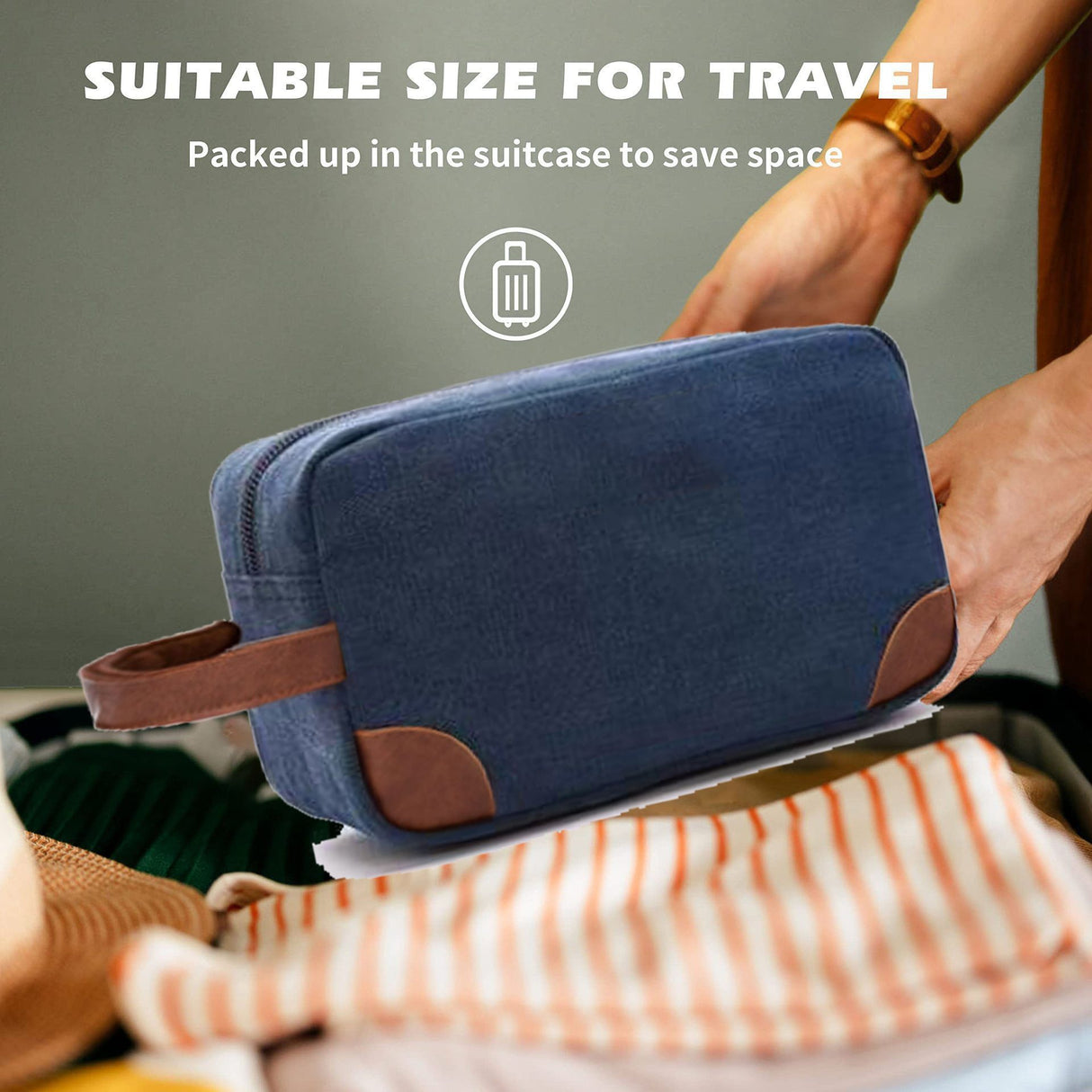 Dark Blue And Brown Men's Canvas Toiletry Bag - Large Capacity Water-Resistant Travel Organizer Dopp Kit with Handle