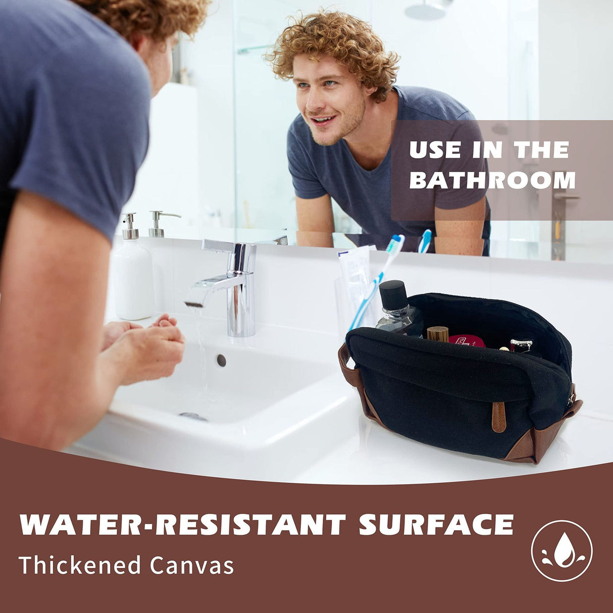 Grey And Brown Men's Canvas Toiletry Bag - Large Capacity Water-Resistant Travel Organizer Dopp Kit with Handle