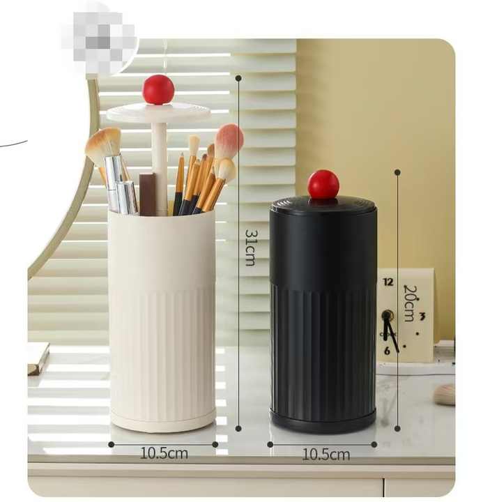 Black Automatic Lifting Makeup Brush Holder - Dustproof Desktop Organizer with Lid & Compartments