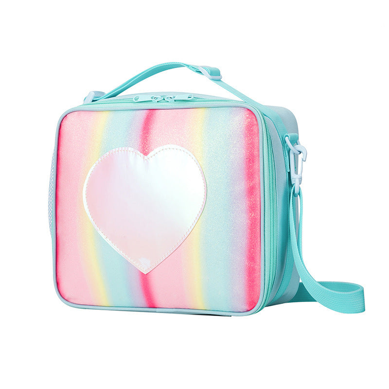 Blue Sparkling Rainbow Heart Insulated Lunch Bag for Kids - Portable School Lunch Box with Shoulder Strap