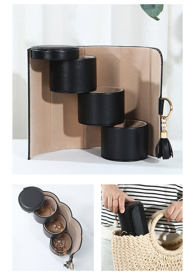 Black and Khaki Elegant 3-Tier Cylindrical Travel Jewellery Box - PU Leather Organizer for Rings Earrings Necklaces with Tassel Charm